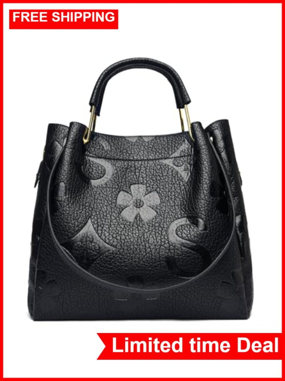 Vegan Leather Floral Embossed Bucket Handbag 3-in-1 Tote Shoulder